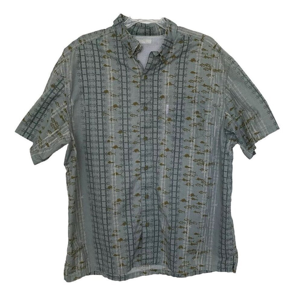Columbia PFG Fishing Tuna Blue Green Mens Large Button Cotton Shirt